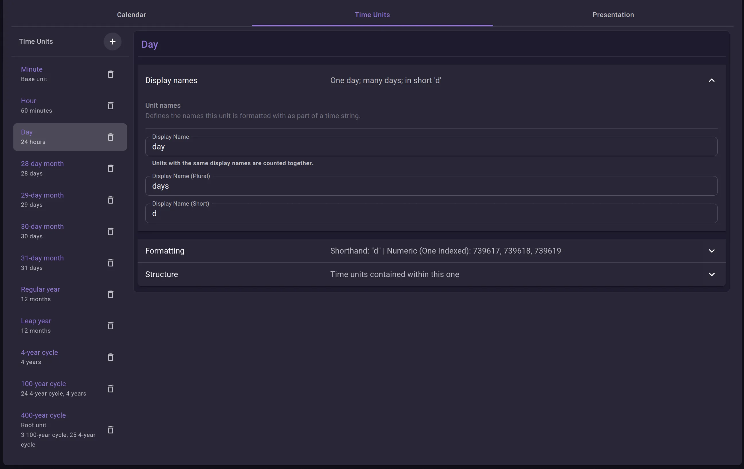 The Day unit with its Display names section expanded, showing the Display Name, Plural and Short fields.