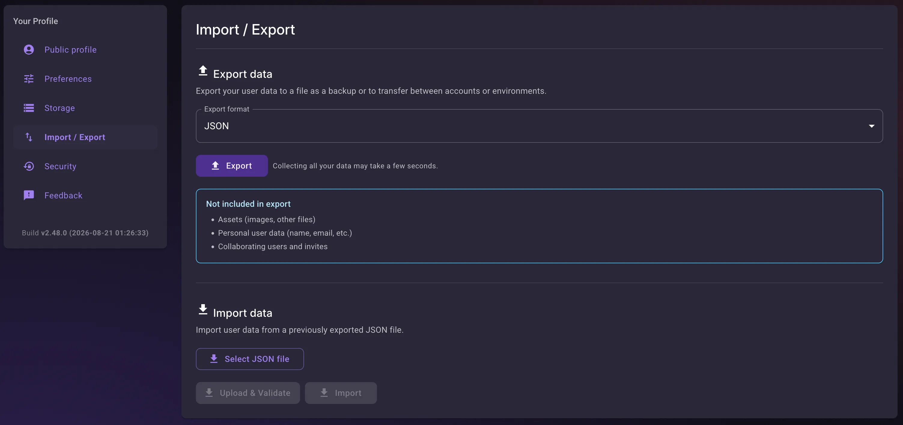 Data import/export page