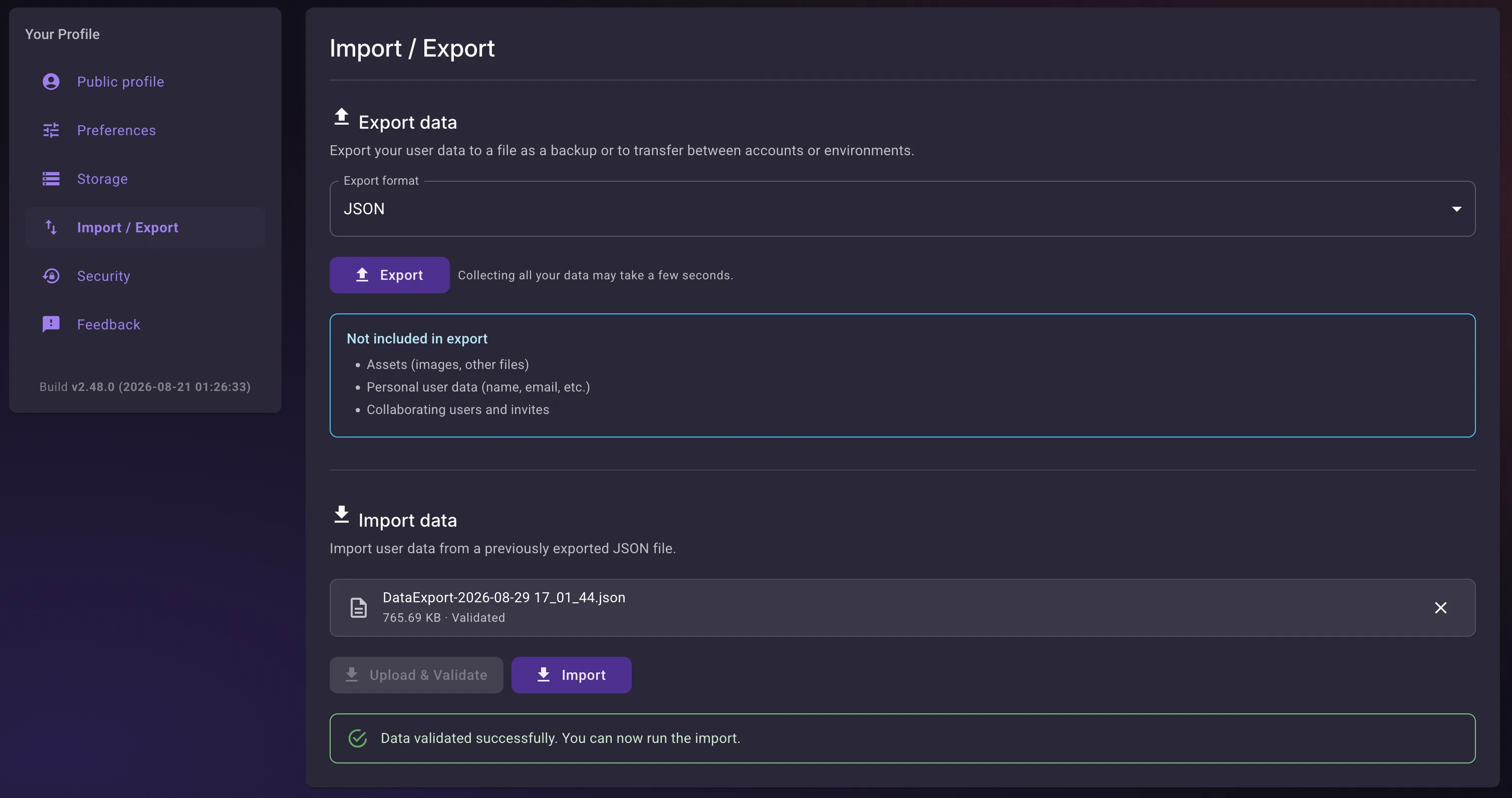 Data import/export page, ready to import